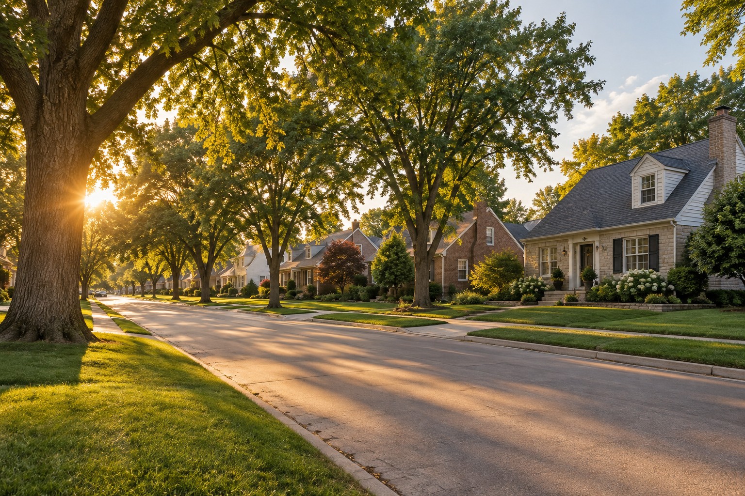 A tree-lined Des Moines Iowa metro suburban street at golden hour