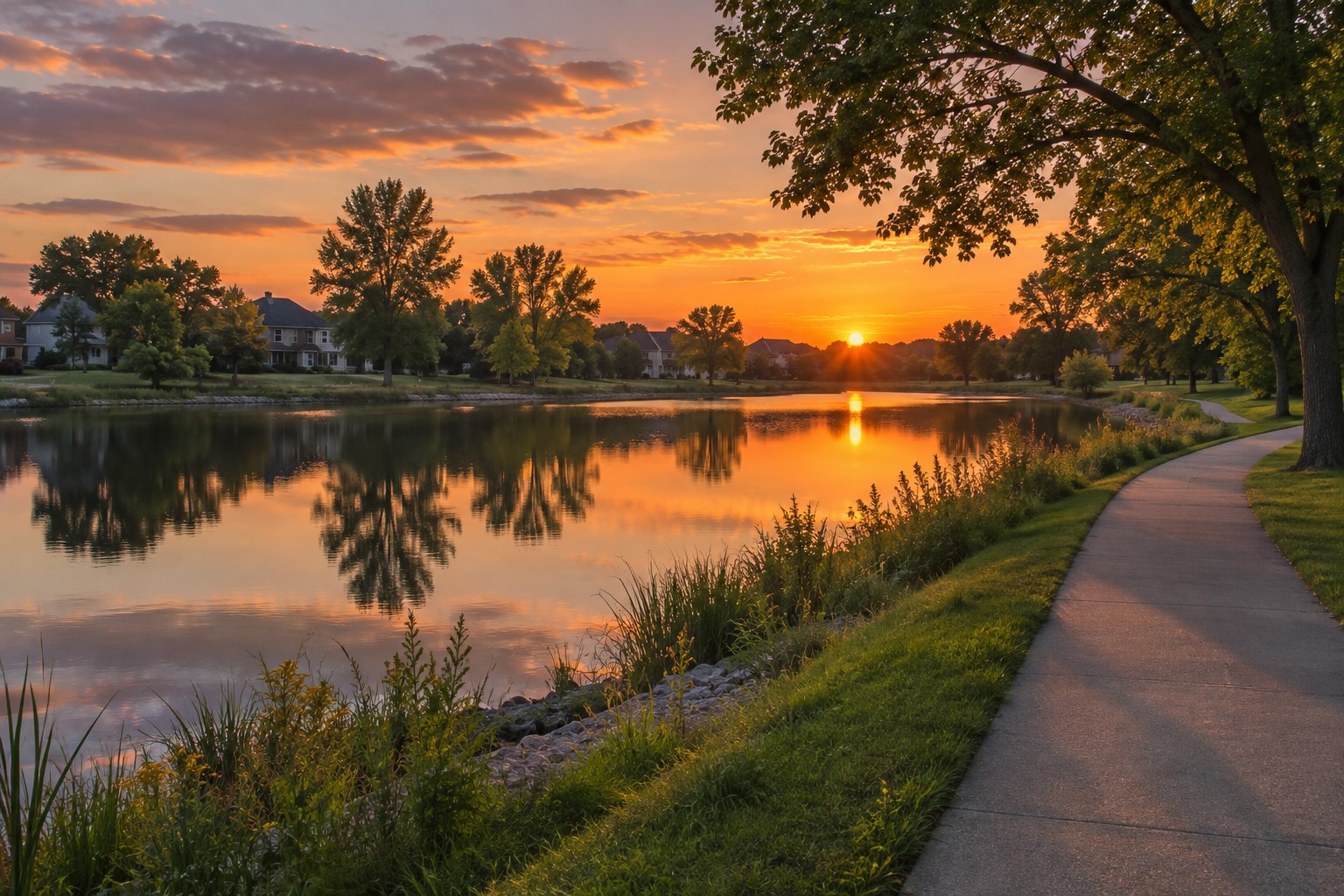 A Des Moines metro neighborhood pond at sunset, illustrative