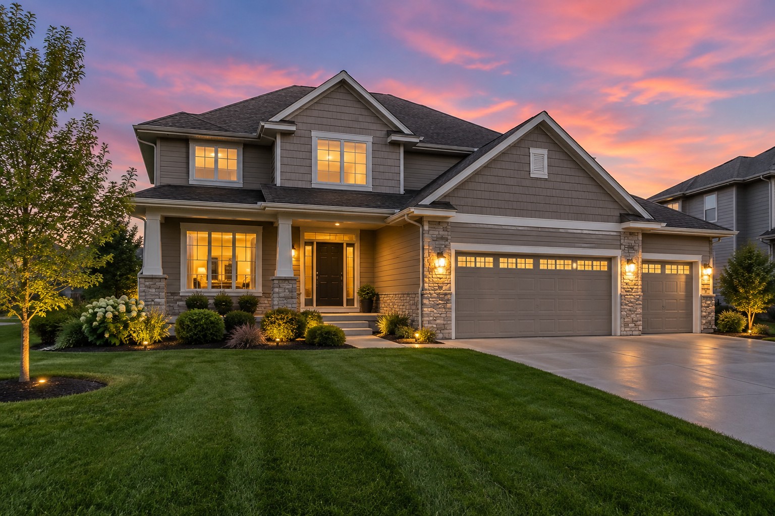 A Des Moines metro home at dusk, illustrative