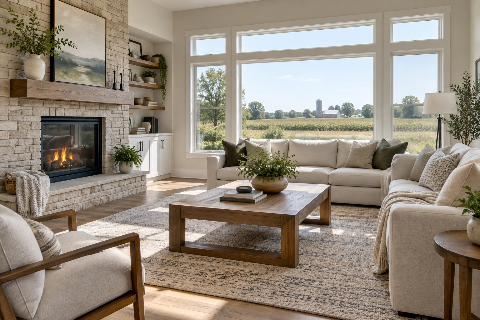 A bright Iowa home interior, illustrative
